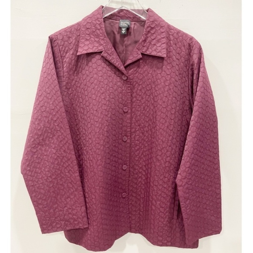 Eileen Fisher Longline Circle Stitch Quilted Button Front Jacket Burgundy Medium